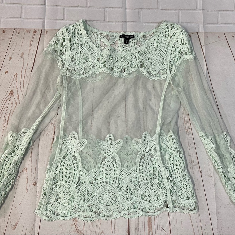 COPY - Express Women’s L/S Blouse Top Sheer Eyelet Crochet Mint Green Pullover …